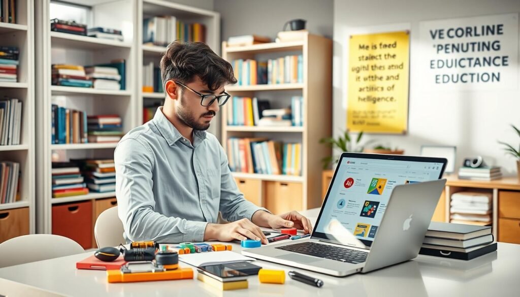 A well-organized study environment depicting a student selecting the right artificial intelligence tool for their academic needs. In the foreground, a focused student, dressed in smart casual attire, examines a colorful array of digital gadgets and tools on a sleek desk, with a laptop open displaying various AI software. In the middle ground, shelves filled with textbooks and tech gadgets provide context, while natural light filters through a window, creating a bright, inviting atmosphere. The background features a motivational poster about technology and education on the wall, enhancing the scholarly mood. The image captures a sense of exploration and decision-making, symbolizing the importance of choosing the right AI tool for effective learning.