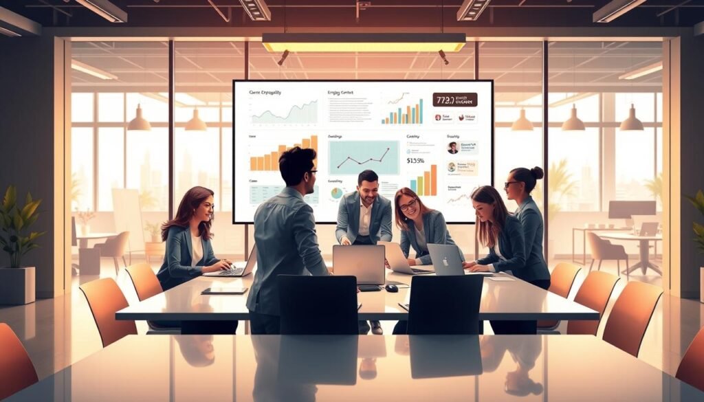An illustration showcasing the concept of improving content quality and user experience to boost profits. In the foreground, a diverse group of professionals, dressed in smart business attire, collaborates around a sleek, modern conference table filled with laptops and digital devices. In the middle ground, a large screen displays analytics data, graphs, and engaging content examples, emphasizing a focus on quality and user engagement. In the background, bright office spaces with contemporary decor and large windows that let in natural light create a productive atmosphere. The lighting is warm and inviting, highlighting the faces of the professionals as they enthusiastically discuss strategies. The overall mood is optimistic and collaborative, conveying the essence of driving success through innovative ideas.