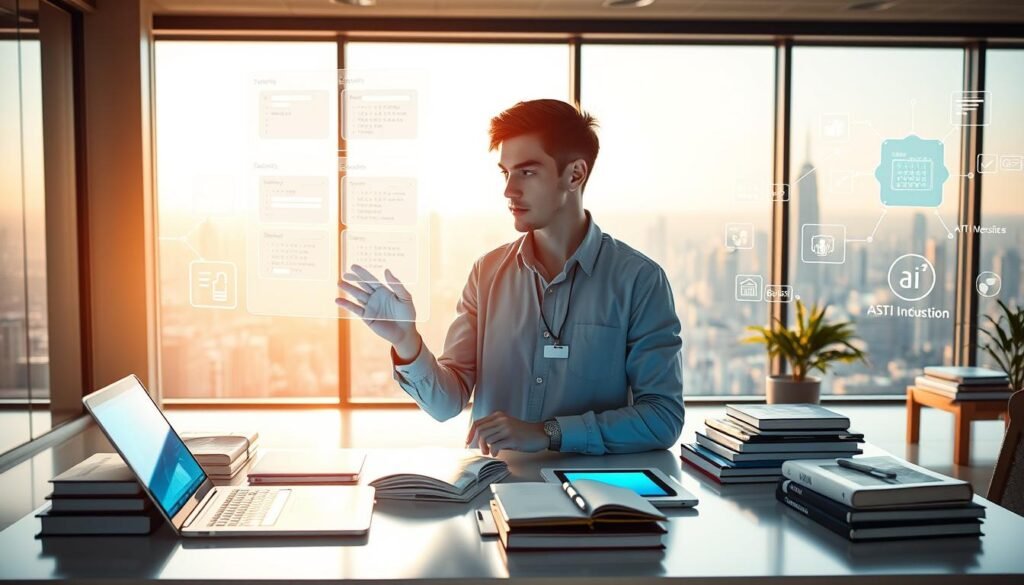 An inspiring study scene showcasing a modern student surrounded by advanced AI tools. In the foreground, the student, a young adult in smart casual attire, is interacting with a holographic display of study schedules and digital notes. The middle ground features a sleek desk cluttered with laptops, tablets, and books, emanating a soft blue light from the screens, symbolizing the integration of technology in education. The background features a large window with a panoramic view of a futuristic cityscape, basked in daylight, creating a bright and open atmosphere. The overall mood is focused and innovative, reflecting a smart study routine enhanced by artificial intelligence, with soft, natural lighting illuminating the entire scene for a welcoming effect.